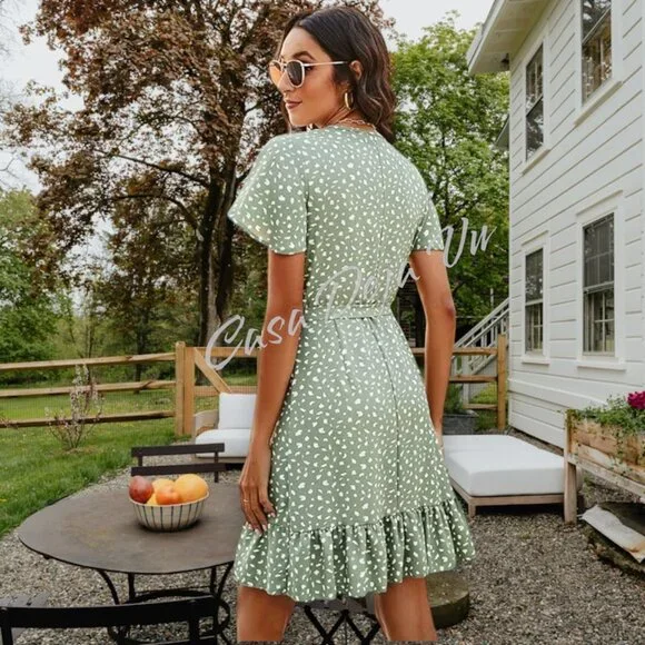 Ready for Spring Light Airy V Neck Wrap Midi Patterned Sage Ruffle Drop Dress - Picture 5 of 13